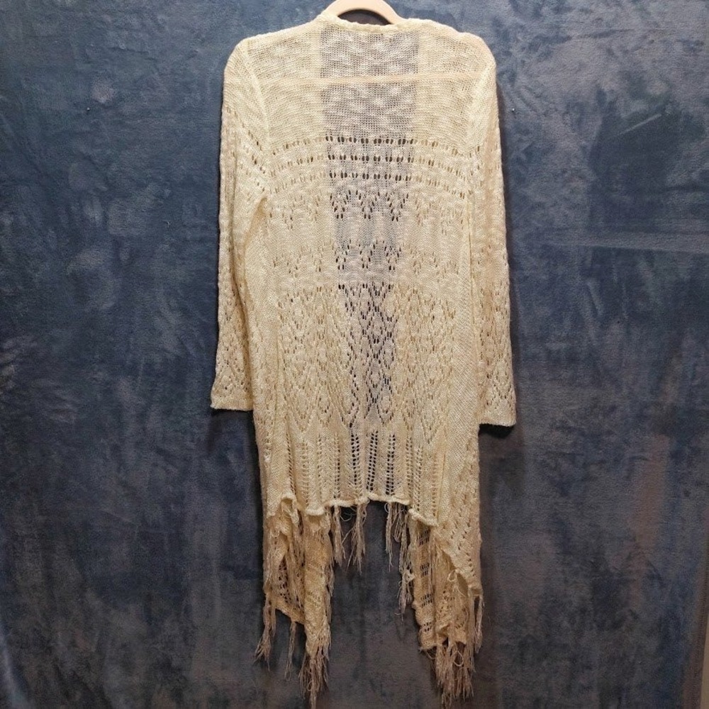 United States Sweaters Cream Crochet Fringe Handkerchief Hem Open Cardigan L - Picture 3 of 10